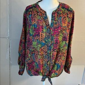 Westbound  Multicolor Aztec  Print V-Neck Long Roll Tab Sleeve Blouse Sz XL